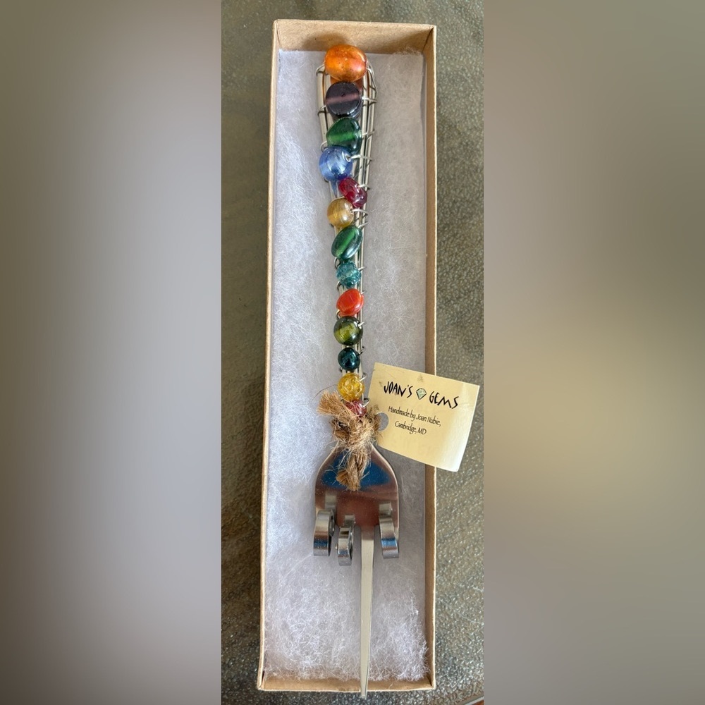 Pickle/Olive Fork w/beaded wire art handle, handmade by Joan’s Gems in MD, NWT